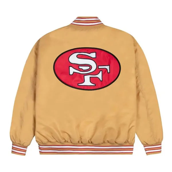 Gold bomber jacket with red and white ribbed cuffs for 49ers fans in USA