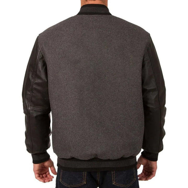 Back View NY Knicks Charcoal and Black Varsity Jacket