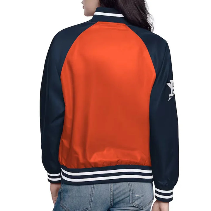 Orange and navy jacket with a white logo on a white background in American Style