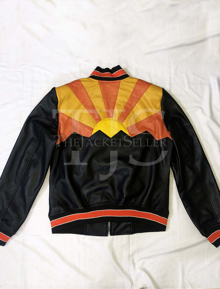 Black leather jacket with vibrant orange and yellow panels