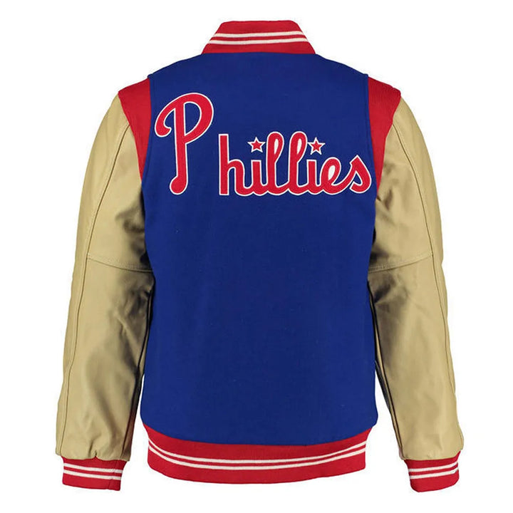 Varsity jacket with 'Phillies' logo on the back, featuring blue, red, and beige colors in American Style
