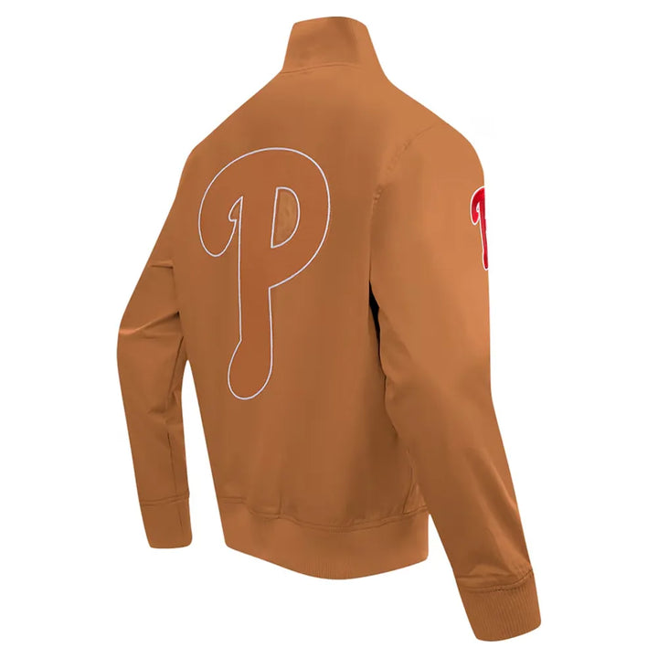Brown jacket with a large 'P' logo on the back, on a white background in USA