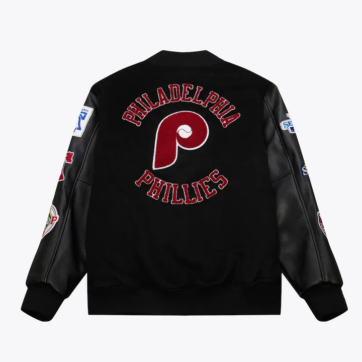 Black jacket with Philadelphia Phillies logo on a white background in USA
