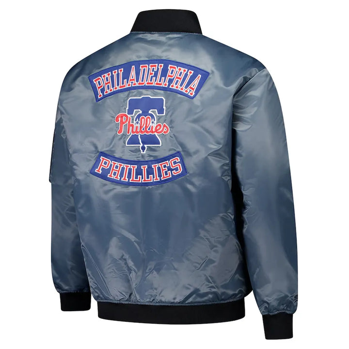 Blue satin jacket with Philadelphia Phillies logo on a white background in United State Market