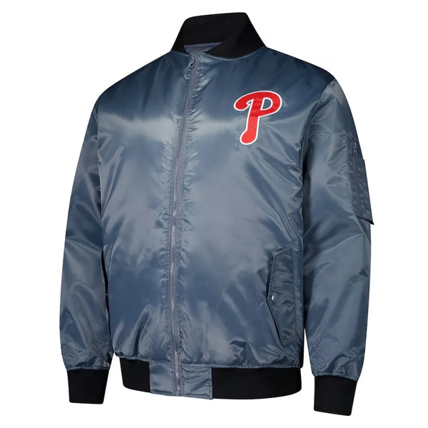 Gray bomber jacket with a red and white logo on a white background in USA
