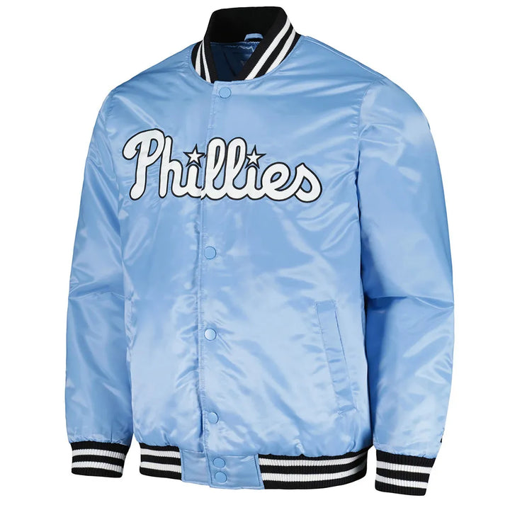 Light blue Phillies jacket with black and white accents on a white background in American Style