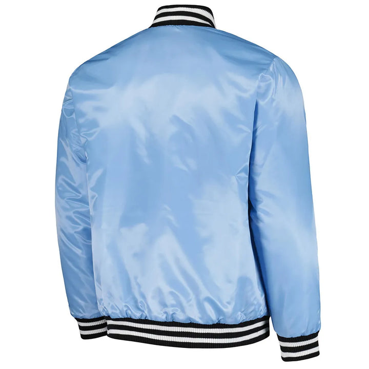 Light blue jacket with black and white striped cuffs and collar on a white background in USA