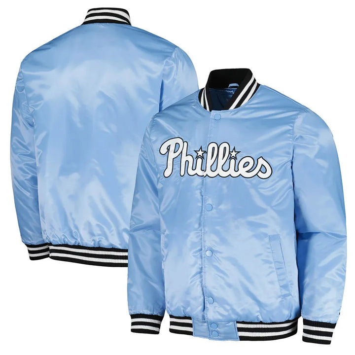 Light blue satin jacket with 'Phillies' text on a white background in USA