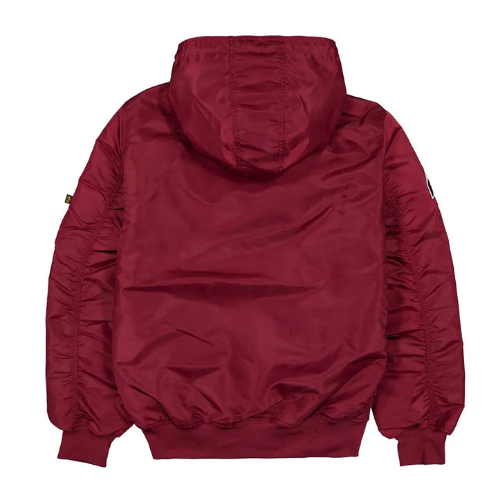 Red jacket with a hood on a white background in American Style