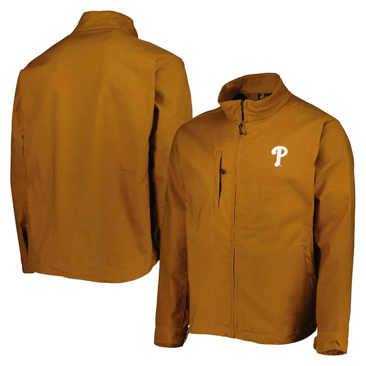 Brown jacket with a logo on the chest, shown from front and back views in USA