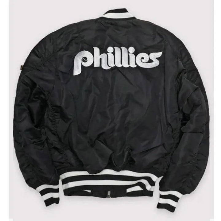 Black jacket with 'Phillies' branding on a white background in American Style
