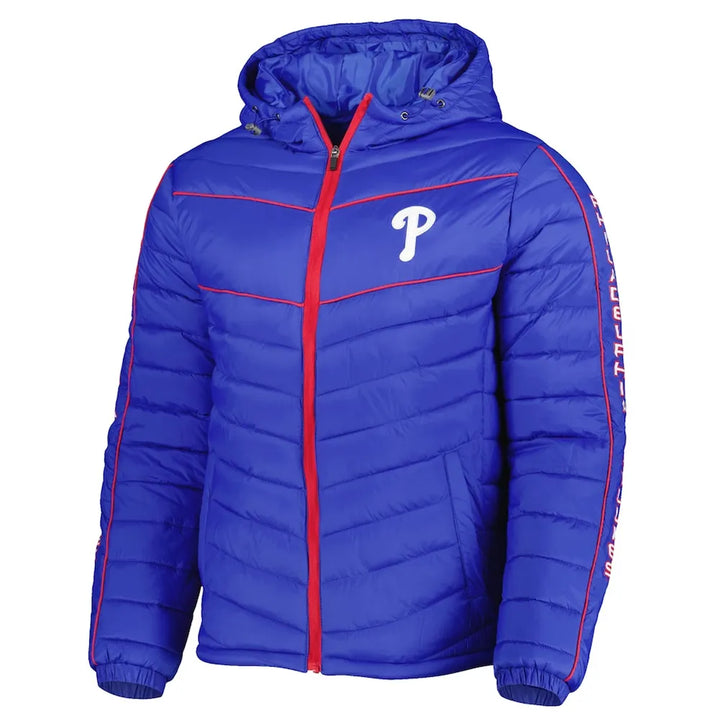 Blue puffer jacket with red accents and a logo on a white background in USA