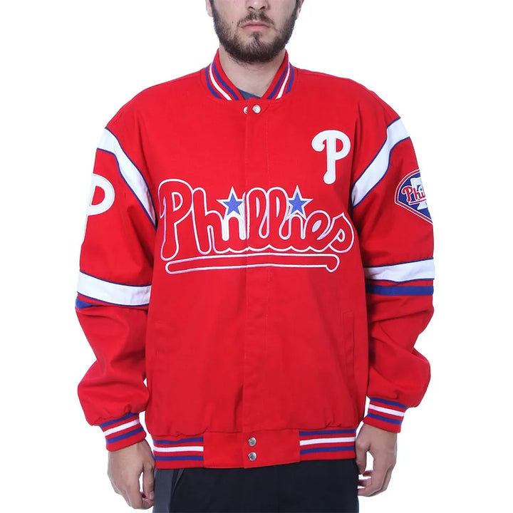 Red Phillies jacket with white and blue accents on a white background in USA