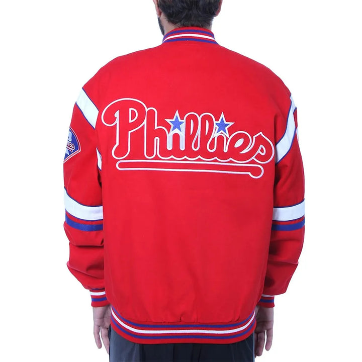 Red 'Phillies' jacket with white lettering on a white background in USA