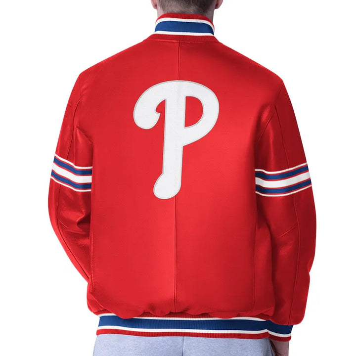 Unisex Phillies red satin jacket with bold logos in American Style