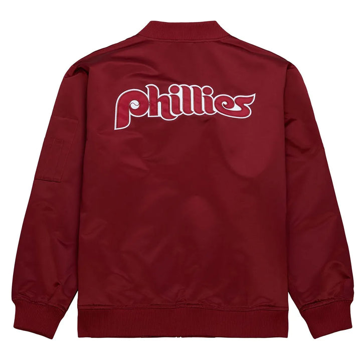 Red jacket with 'Phillies' logo on the back against a white background in UK