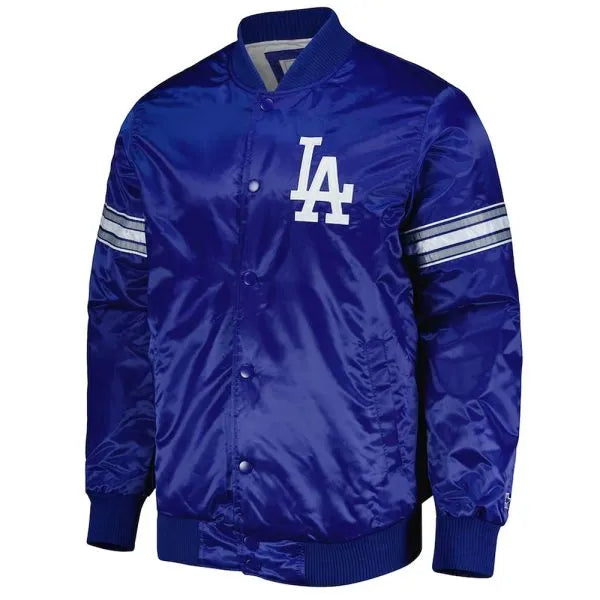 Embroidered LA Dodgers logo on chest of satin jacket

