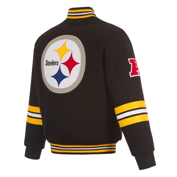 Wool Steelers jacket with yellow white sleeve stripes

