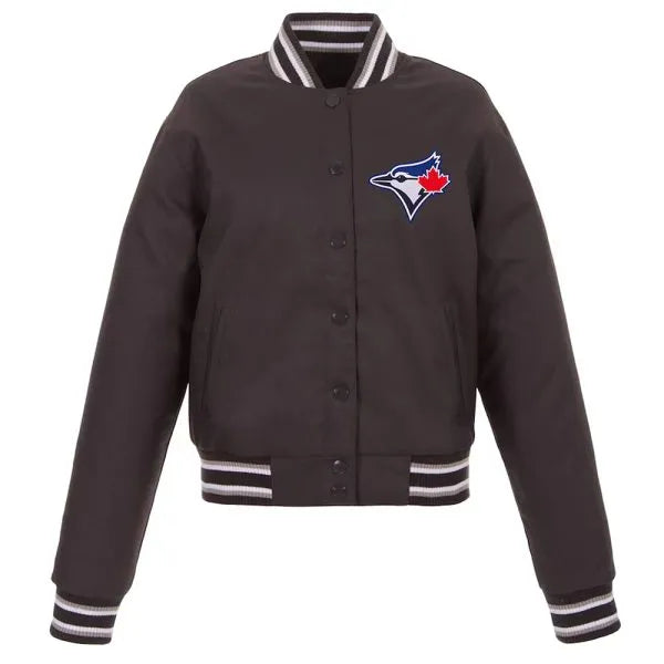 Black varsity jacket with a logo on the chest against a white background