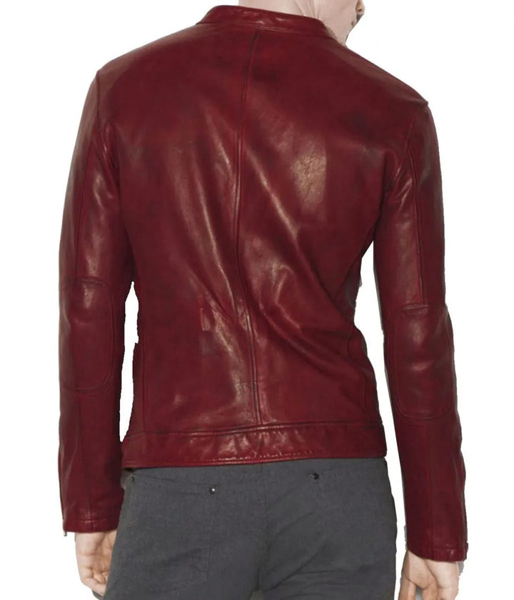 Back View Men’s Casual Red Burnished Dual Zipper Jacket