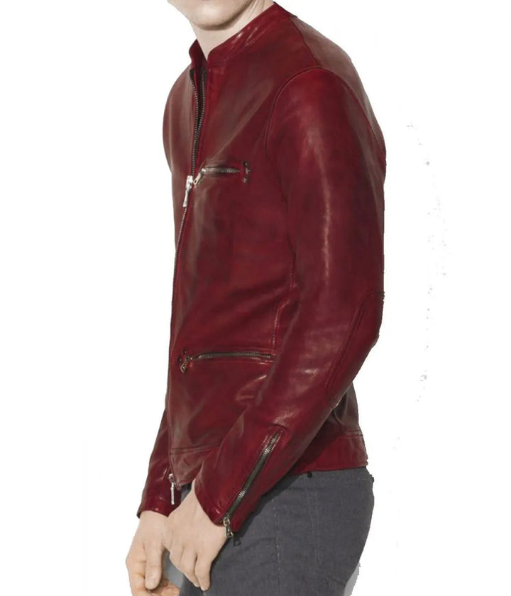 Sleeve View Men’s Casual Red Burnished Dual Zipper Jacket