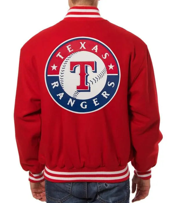 Red Texas Rangers jacket with logo on the back in American Style