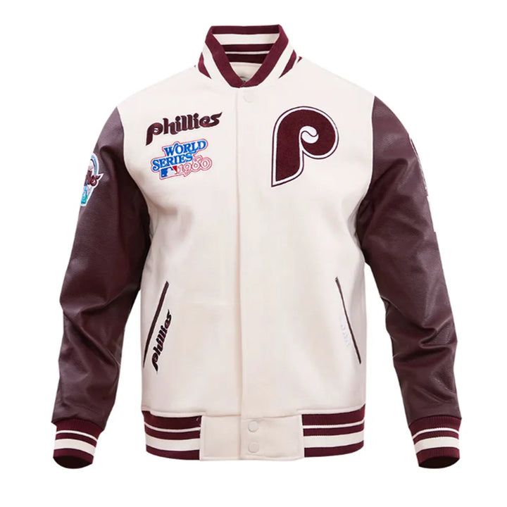 Phillies jacket with logo and text on a white background in United State Market