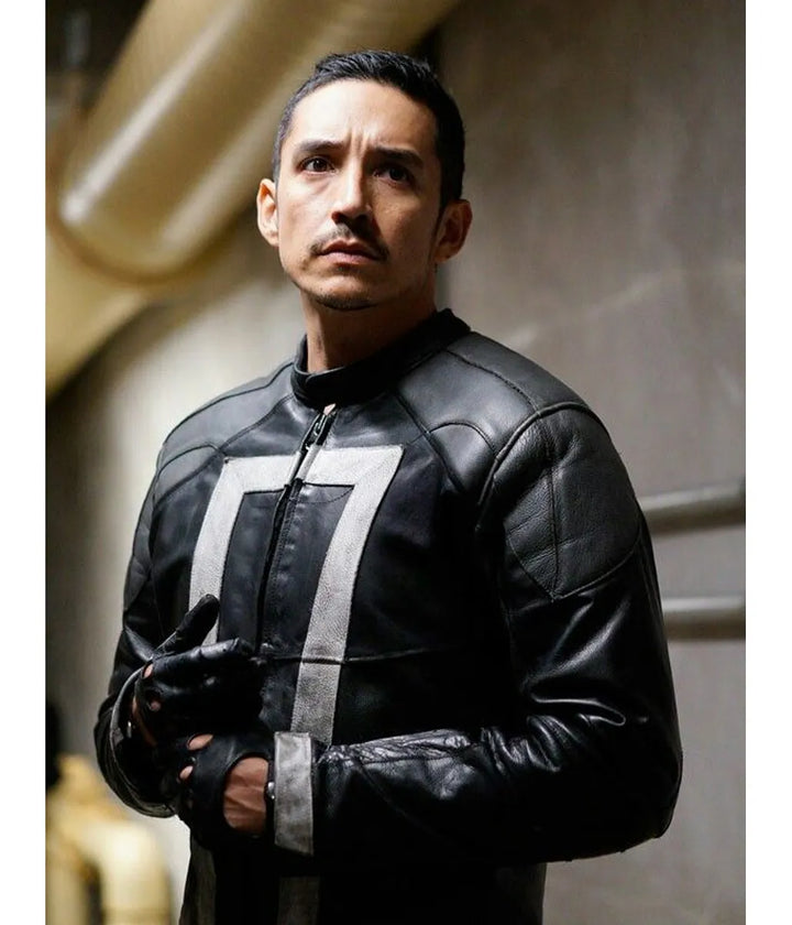 Agents of Shield Ghost Rider jacket with a mandarin collar and YKK zipper closure, worn by Gabriel Luna.