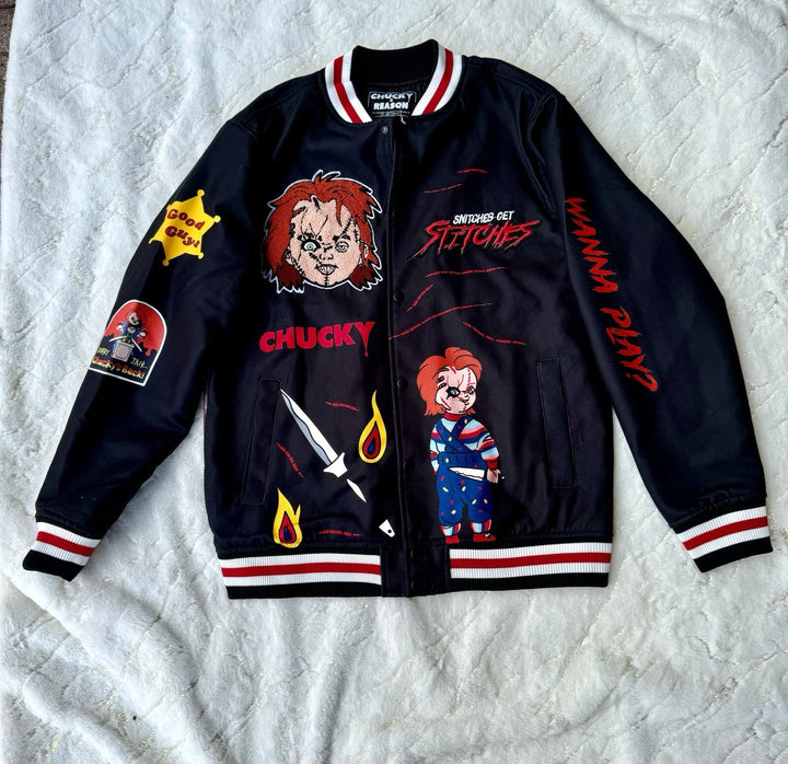 Black jacket with Chucky and Stitches design on a white textured background