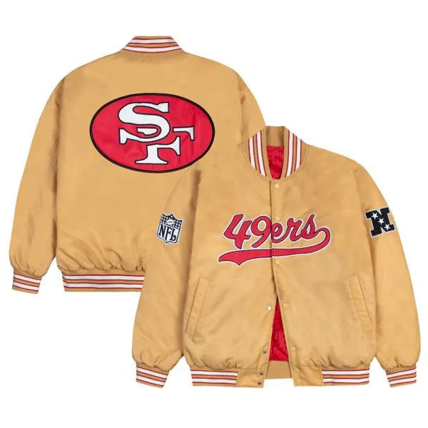 San Francisco 49ers red and white rib bomber gold jacket front view in USA