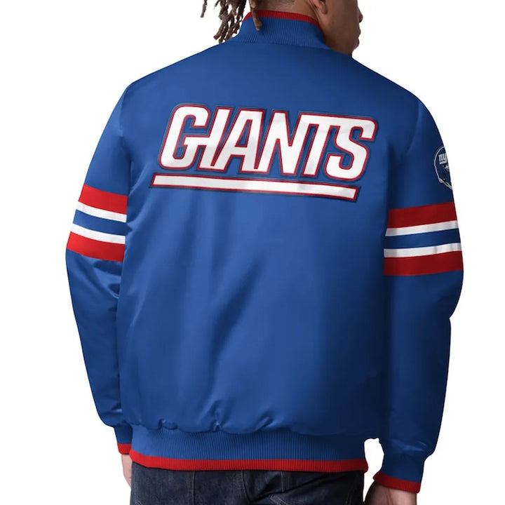 Blue jacket with 'GIANTS' text on the back, worn by a person in USA