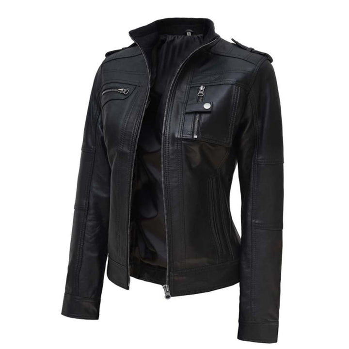 Stylish women's black leather jacket in United state market