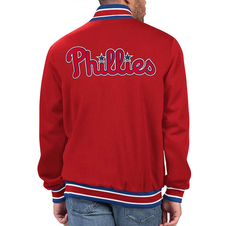 Red Phillies jacket with visible branding on a white background in American Style