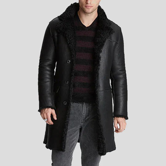 Zweireihiger Shearling-Ledermantel mit Faux-Fur-Kragen für Herren von TJS 