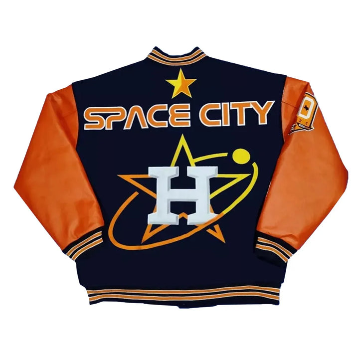 Varsity jacket with 'Space City' and 'H' logo on a white background