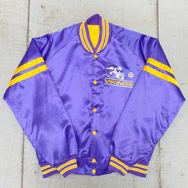 Front view of 1980s Minnesota Vikings Spellout bomber jacket

