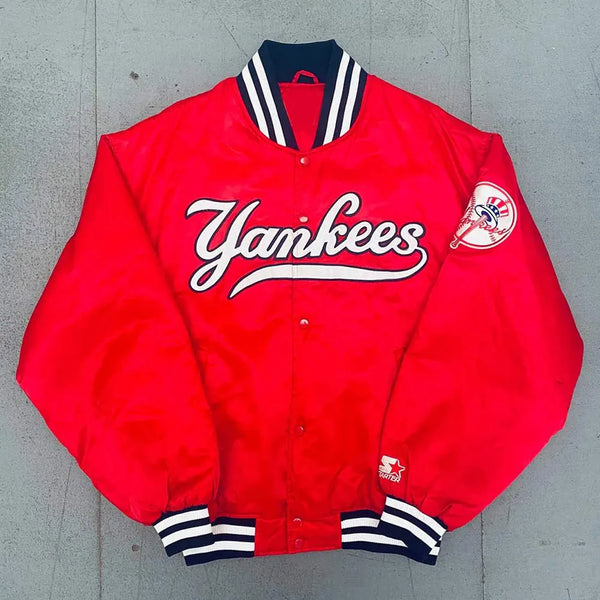 NY Yankees 1990’s Spellout Red Bomber Jacket Front View in USA