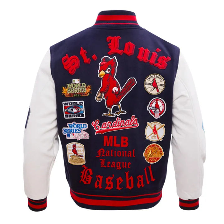 Navy and white wool and leather Cardinals varsity jacket

