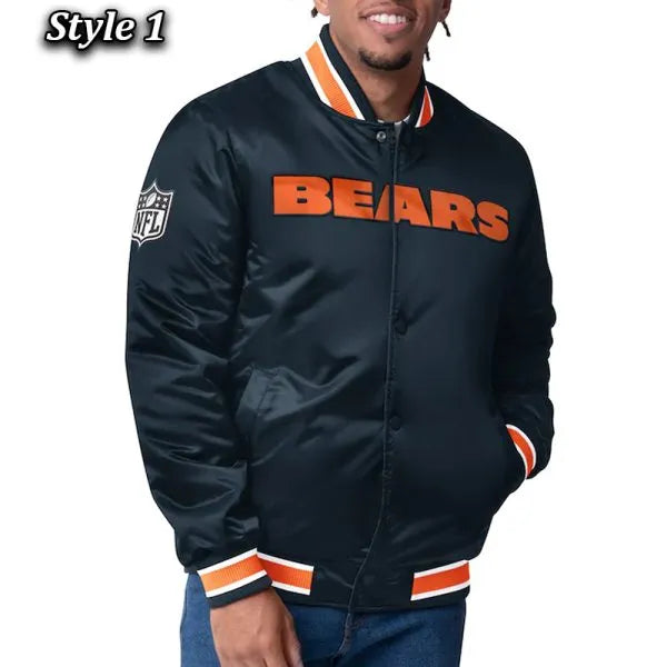 Chicago Bears Closer navy orange satin varsity jacket front view

