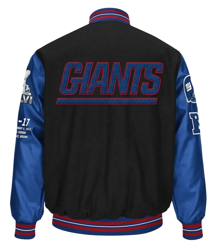 Black and blue jacket with 'Giants' text on the back, featuring logos and numbers. in USA