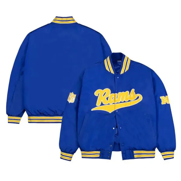 LA Rams gold ribbed bomber jacket in royal satin in USA
