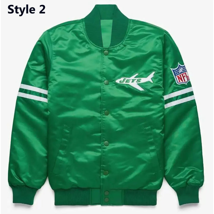 Green satin NY Jets jacket with stripes

