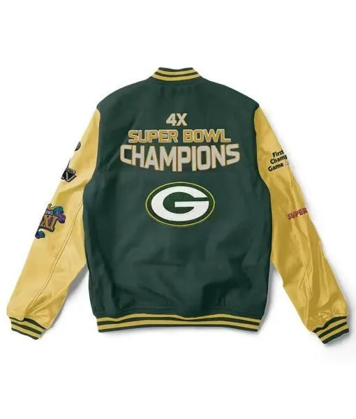 green and yellow Packers wool and leather varsity jacket in USA