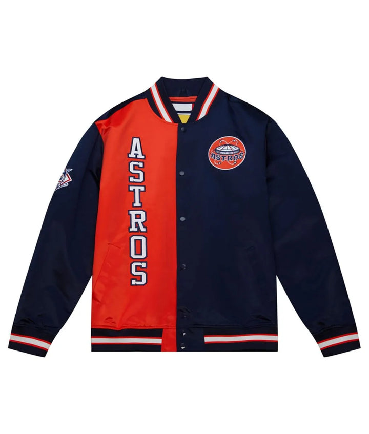 Navy and red varsity jacket with 'ASTROS' text on a white background