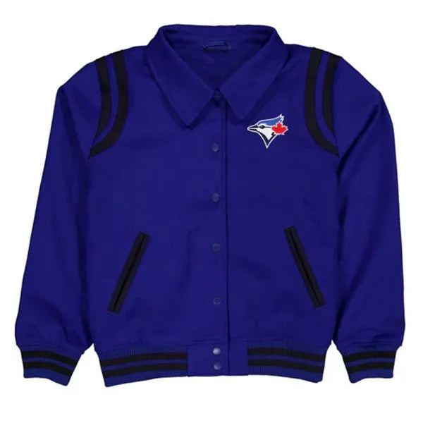 Blue varsity jacket with black stripes and a logo on a white background in USA