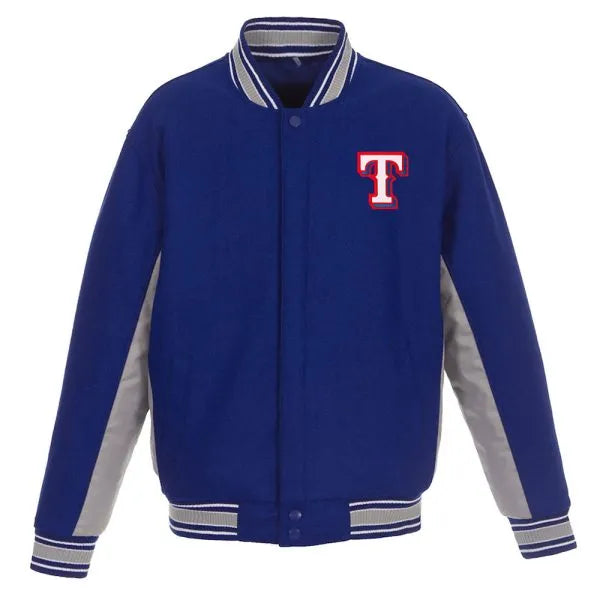 Blue varsity jacket with a red and white logo on a white background