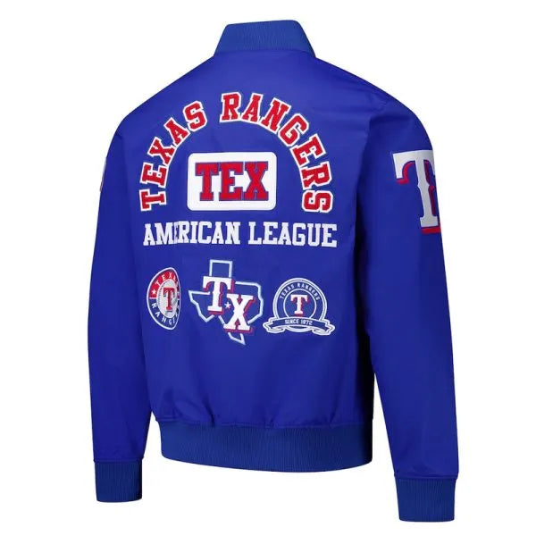 Blue Texas Rangers jacket with logos and text on a white background
