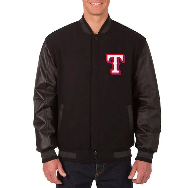 Black jacket with a red and white logo on a white background