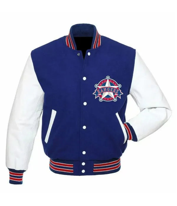 Blue and white varsity jacket with a logo on a white background in USA