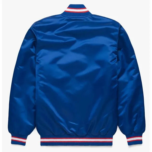 Blue satin jacket with red and white striped trim on a white background